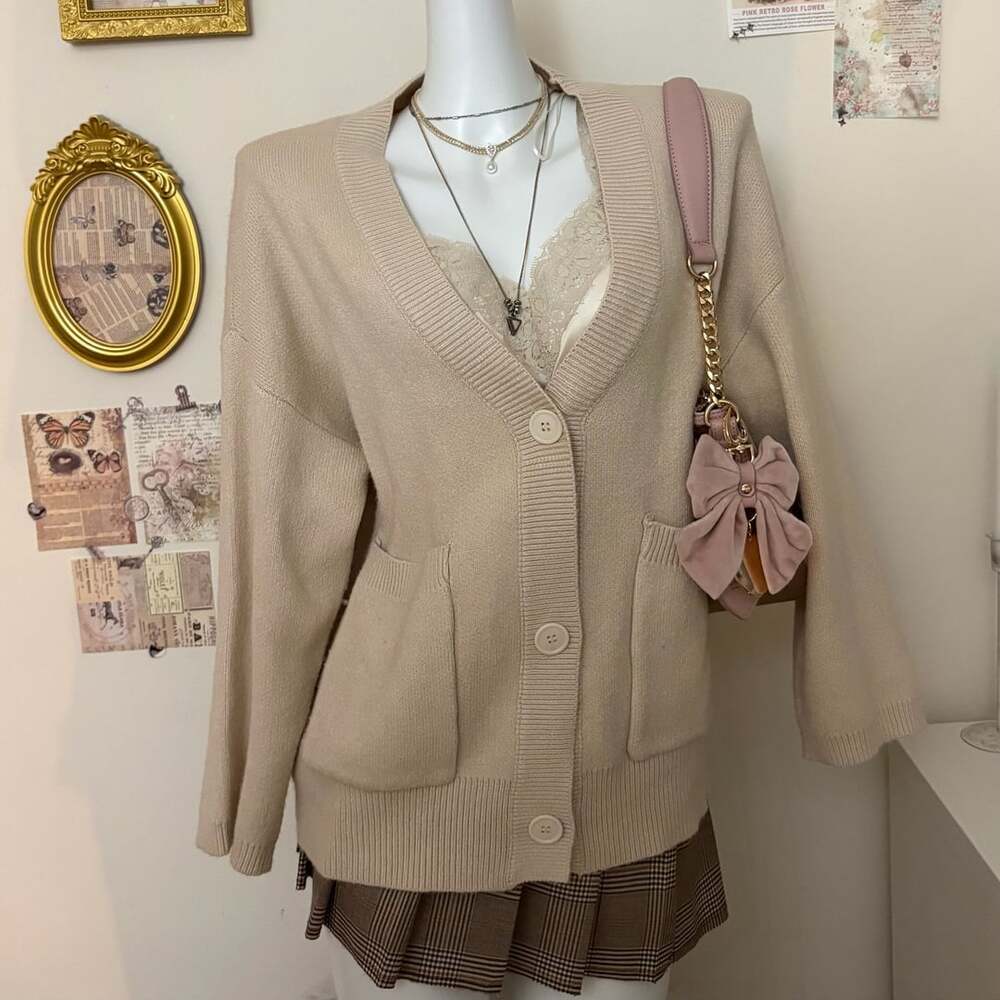 Princess Polly Burke Cardigan Size XS/S Beige Oversized Pocket Knit
